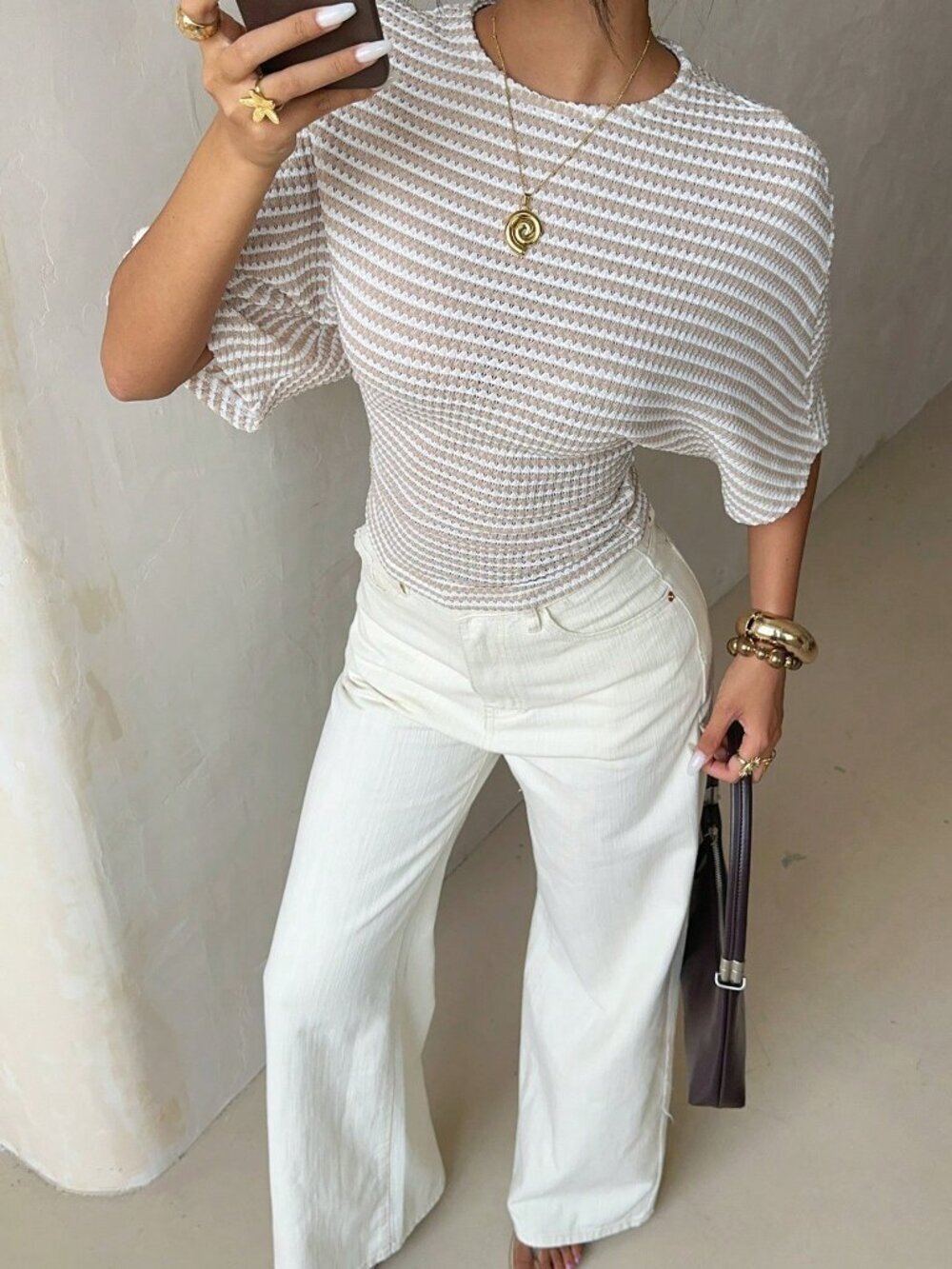 Multicolor Casual Women's Striped Batwing Sleeve Round Neck T-Shirt - Picture 5 of 9